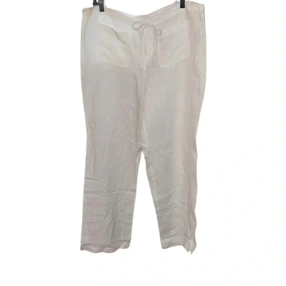 Kenar White Linen Wide Leg Drawstring Pants Size XL